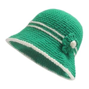 ZLYC Women Winter Bucket Hat Fashion Knit Cloche Hat Solid Color Warm Crochet Cap(Brooch Flower Green)