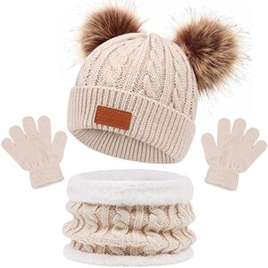 Baynetin Kids Winter Beanie Hat Scarf Gloves Set 3 in1, 3Pcs Knit Warm Toddler Winter Cap Gloves Neck Warmer for Boys Girls 1-6 Year, Winter Accessories Sets for Children Outdoor Sports (Beige)