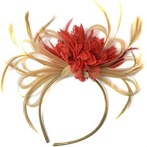 Caprilite Champagne Gold Beige Camel and Red Fascinator on Headband Alice Band UK Wedding Ascot Races Derby