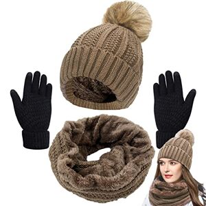 Joligiao 3 in 1 Hat Scarf and Gloves Sets Winter Warm Beanie Hat Scarf Set and Touchscreen Gloves for Women Thick Thermal Fleece Lined Knitted Pompom Beanie Cap and Long Loop Neck Warmer for Outdoor