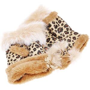 ZLYC Women Winter Faux Fur Half Finger Gloves Girls Warm Fingerless Mittens (Leopard Khaki),M