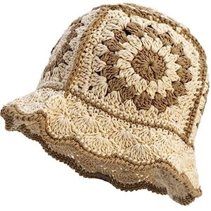 XYIYI Beige Women Crochet Bucket Hat Knit Handmade Foldable Beach Hat Cute Hand Woven Fishing Hat