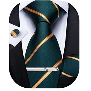 Thukn-7094 DiBanGu Mens Silk Woven Tie Set Emerald Green Striped Necktie Pocket Square Cufflinks and Tie Clip Set for Business Wedding Party