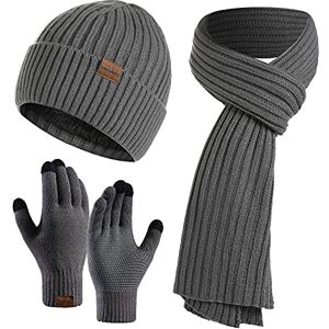 CheChury Men Scarf Glove Beanie Hat Set,Long Scarf and Touchscreen Gloves Set with Twist Thick Cable Knit Hat for Unisex Cold Weather Set 3 in 1,Deep Grey