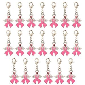 OLYCRAFT 20 Pcs Pink Breast Cancer Awareness Keychain Pink Ribbon Keychains Enamel Rhinestone Ribbon Charms with Angel Wing Alloy Lobster Claw Clasps Keyring for Breast Cancer Gifts Keychain Accessory