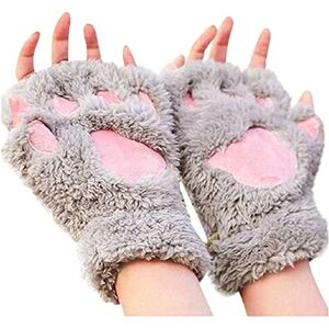 XINIXN Halter fingerless half finger cat plush bear warm women cartoon cute claw gloves thick gloves fleece paw gloves heated gloves hiking gloves, grey, One size