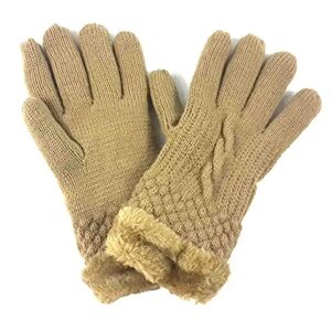 Lina & Lily Ladies Knitted Warm Winter Gloves Fur Lined (Beige)