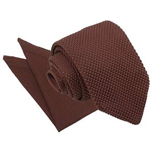 DQT Knit Knitted Plain Casual Modern Slim Neck Tie & Pocket Square Set for Men in Chocolate Brown