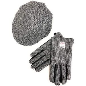 Gents Harris Tweed Flat Cap & Matching Gloves Set - Grey Herringbone Tartan (Gloves Size - XL/Hat Size -One Size)