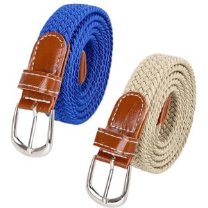 Hileyu Stretch Belt 2 Pack Braided Webbed Belt No Buckle Invisible Waist Belt Canvas Vintage Belt for Women Men Stretch Belt for Jeans Dress Pants Multicolor Casual Belt (Blue+Beige)