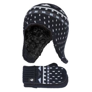Heat Holders - Boys Outdoor Faux Fur Pom Pom Hat With Ear Flaps & Mittens Gloves - Black - Size 4-6y
