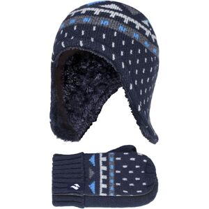 Heat Holders - Boys Outdoor Faux Fur Pom Pom Hat With Ear Flaps & Mittens Gloves - Navy - Size 4-6y