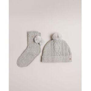 Ted Baker Womens Raisa Knitted Pom Hat And Sock Set, Grey Cashmere - One Size