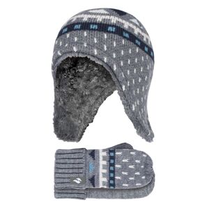 Heat Holders - Boys Outdoor Faux Fur Pom Pom Hat With Ear Flaps & Mittens Gloves - Pebble Melange - Grey - Size 4-6y