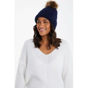 Quiz Womens Navy Knitted Faux Fur Pom Hat - One Size