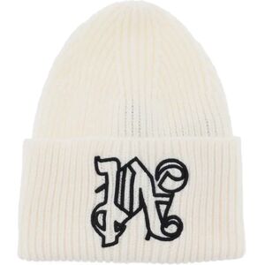 Palm Angels , Monogram Beanie in Ribbed Wool-Blend Knit ,White male, Sizes: ONE SIZE