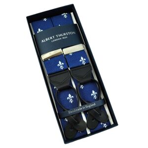 Albert Thurston Trouser Braces - Navy Blue & White Fleur de Lys Woven Jacquard Ribbon with Black Leather Ends