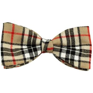 Camel Thomson Tartan Beige, Black, Red & Ivory Check 100% Wool Men&apos;s Bow Tie by Van Buck