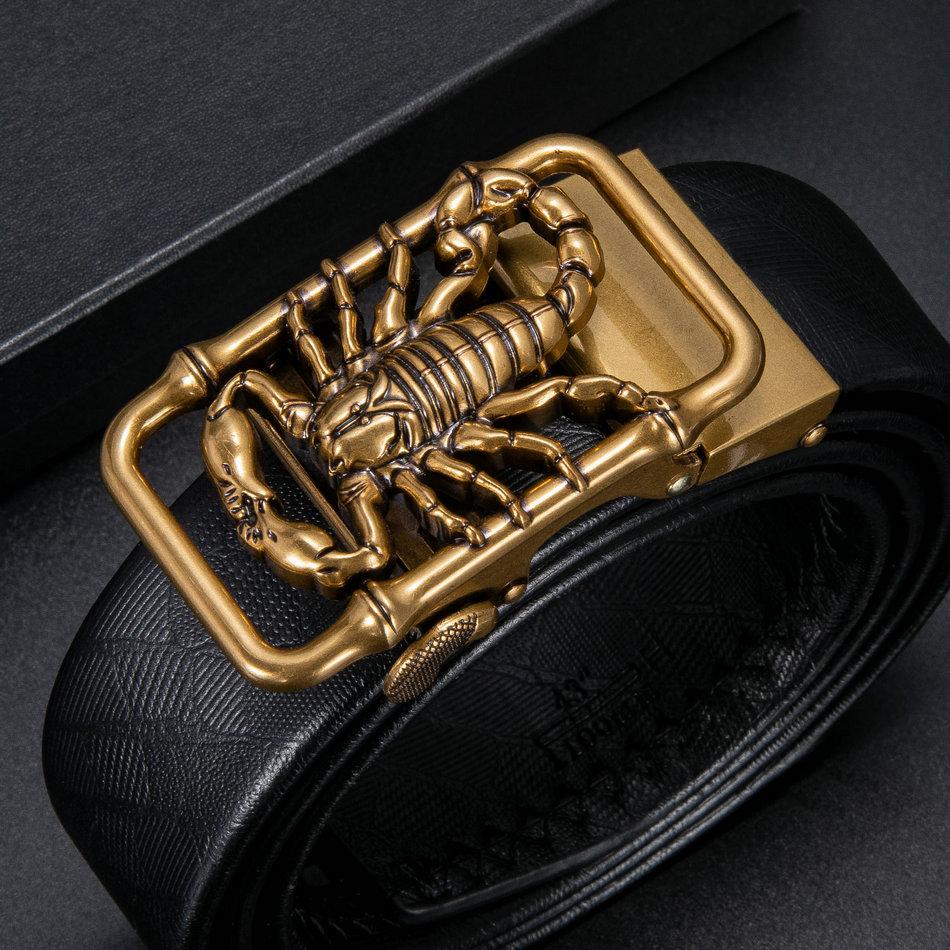 Dubulle Mens Fashion Novelty Belts Antique Golden Scorpion Belt Buckle Automatic Buckle Ratchet Belt