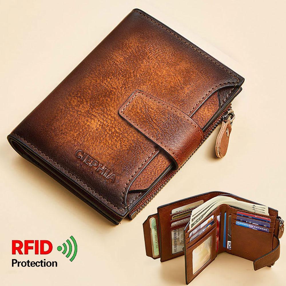 Leather Fashion Bags Men's Genuine Leather Wallet Vintage Short Multi Function Business Card Holder RFID Blocking Zipper Coin Pocket Money Clip