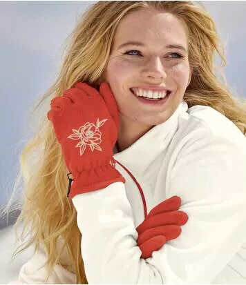 Atlas for Men Women's Embroidered Fleece Gloves - Orange  - BRICK RED - Size: One Size