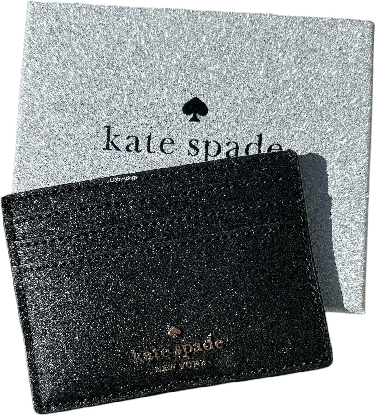 Kate Spade Boxed Tinsel Glitter Fabric Small Slim Card Holder Wallet Black