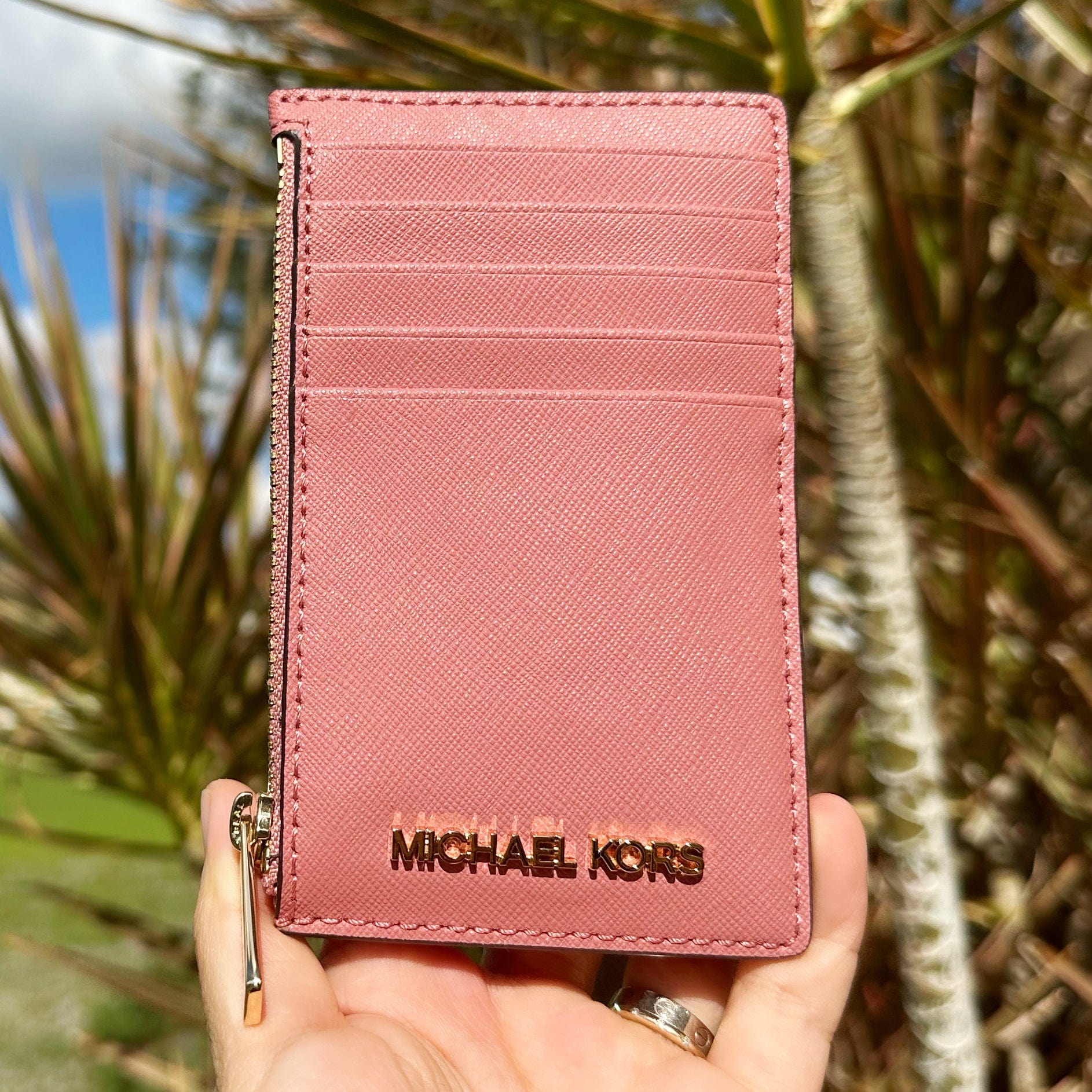 Michael Kors Jet Set Travel Medium Top Zip Card Case Wallet Coin Pouch Rose Pink