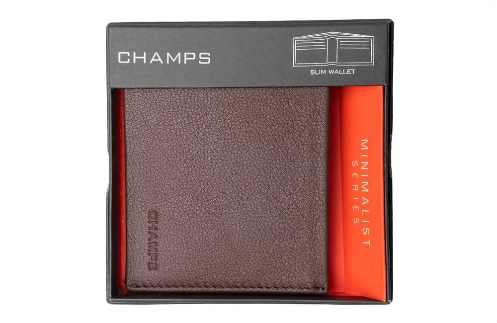 CHAMPS Minimalist Brown Genuine Leather RFID Blocking Slim Wallet Card Holder in Gift Box