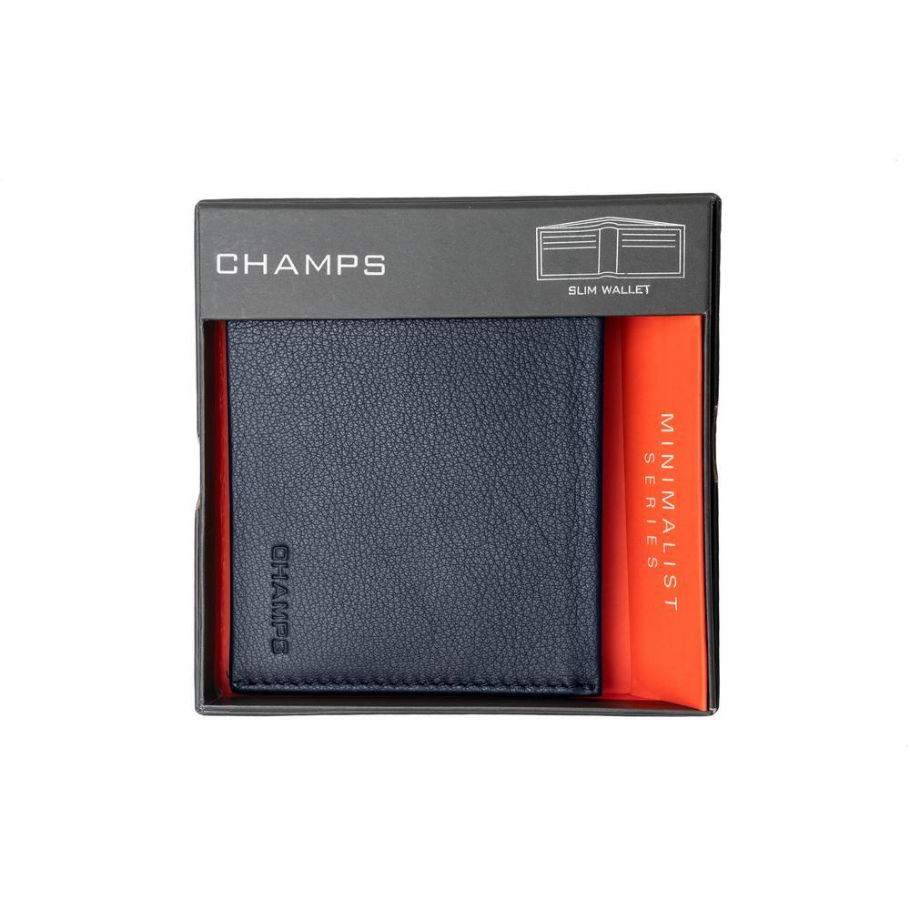CHAMPS Minimalist Navy Genuine Leather RFID Blocking Slim Wallet Card Holder in Gift Box