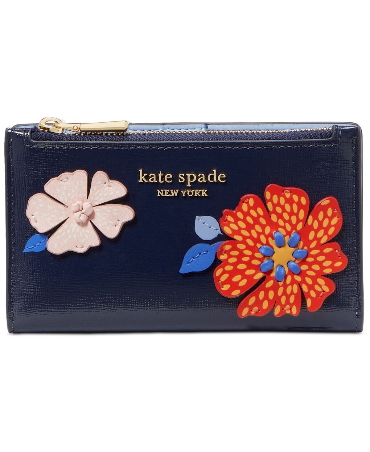 Kate Spade New York Dottie Bloom Flower Applique Saffiano Leather Small Slim Bifold Wallet - Parisian Navy Multi
