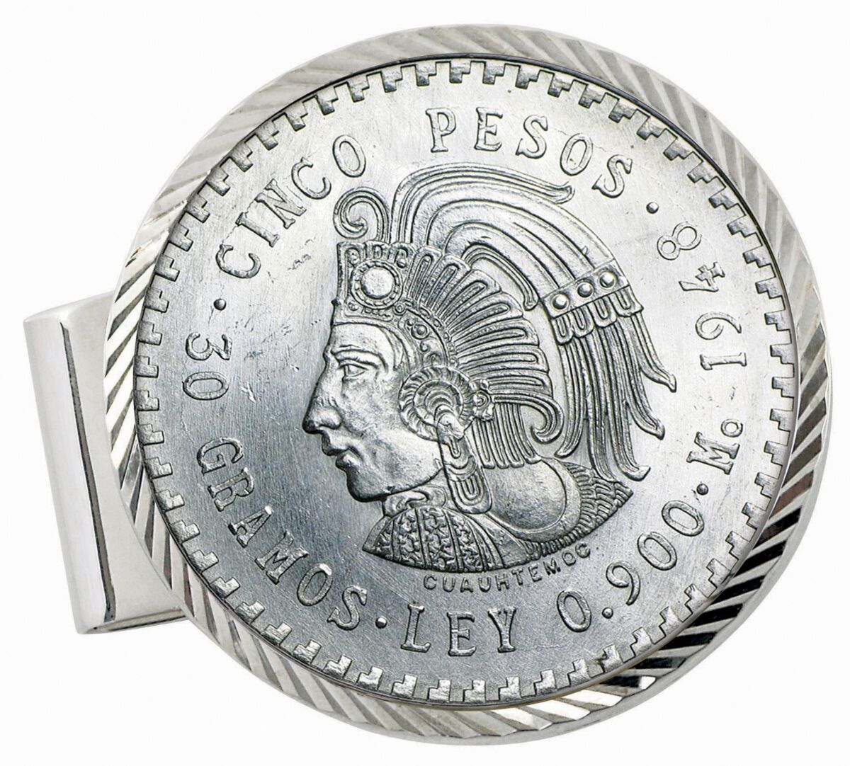 American Coin Treasures Men's American Coin Treasures Sterling Silver Diamond Cut Coin Money Clip Cuauhtemoc Mexican Cinco Pesos - Silver