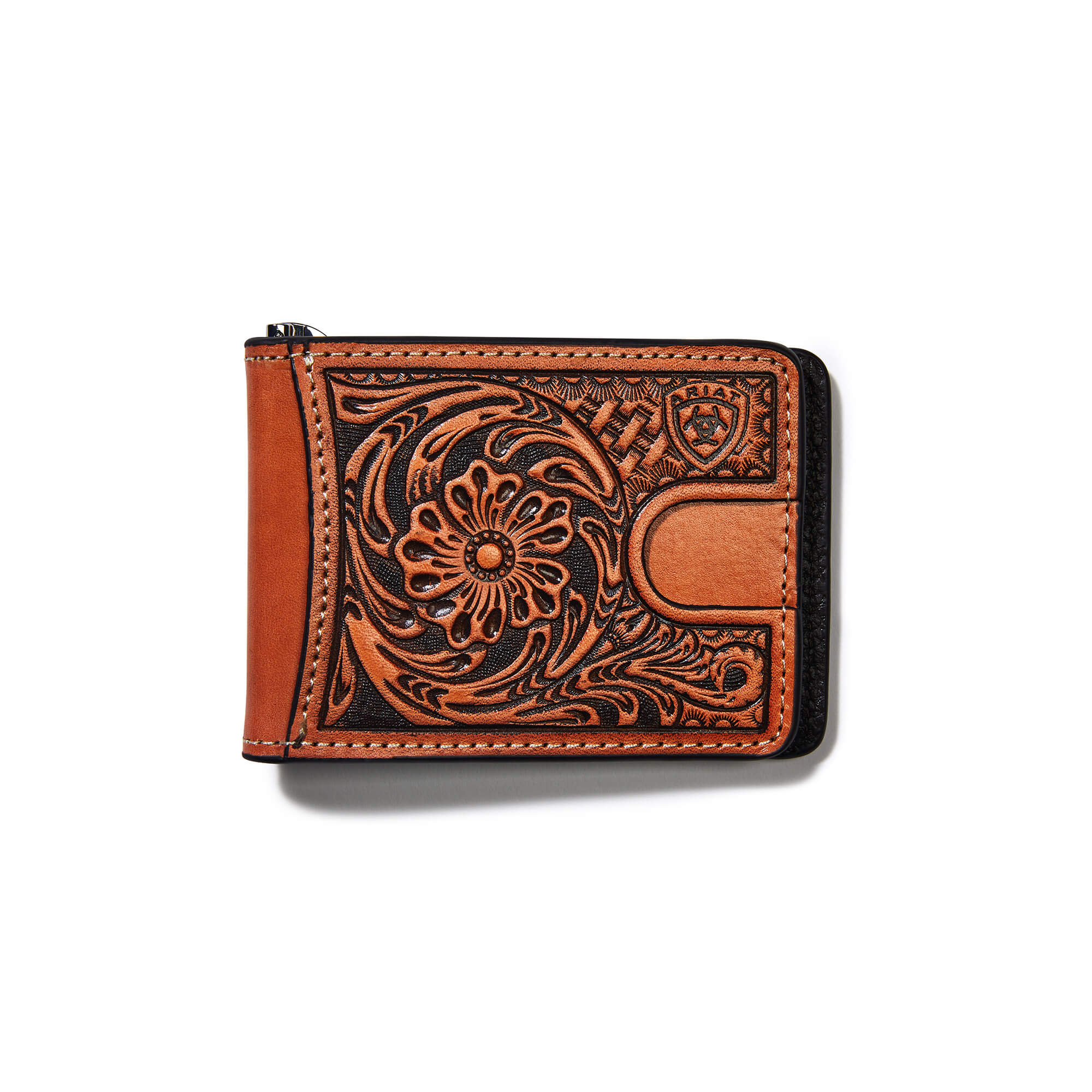 Men's Bifold Wallet Tan Floral Logo Embroidery Leather, Size: OS by Ariat