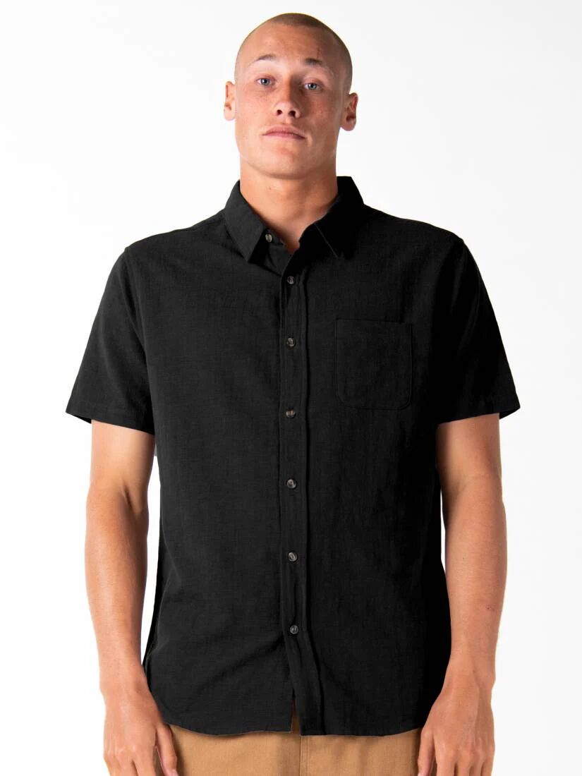 Rusty Overtone Short Sleeve Linen Shirt - Black Rusty Australia, L / Black