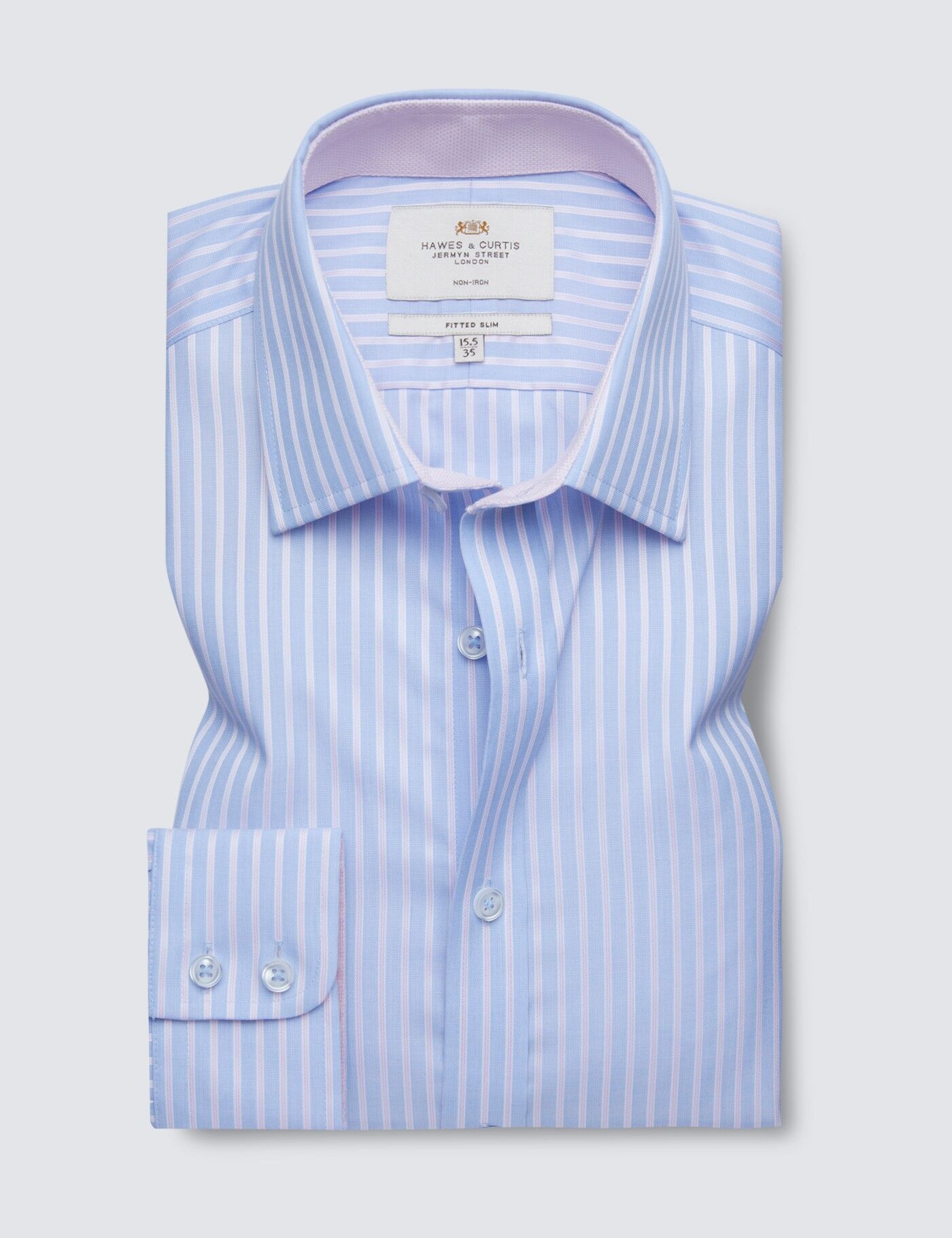 Hawes & Curtis Men's Non Iron Stripe Fitted Slim Shirt in Blue/Pink   Size 16.5/34   Contrast Detail