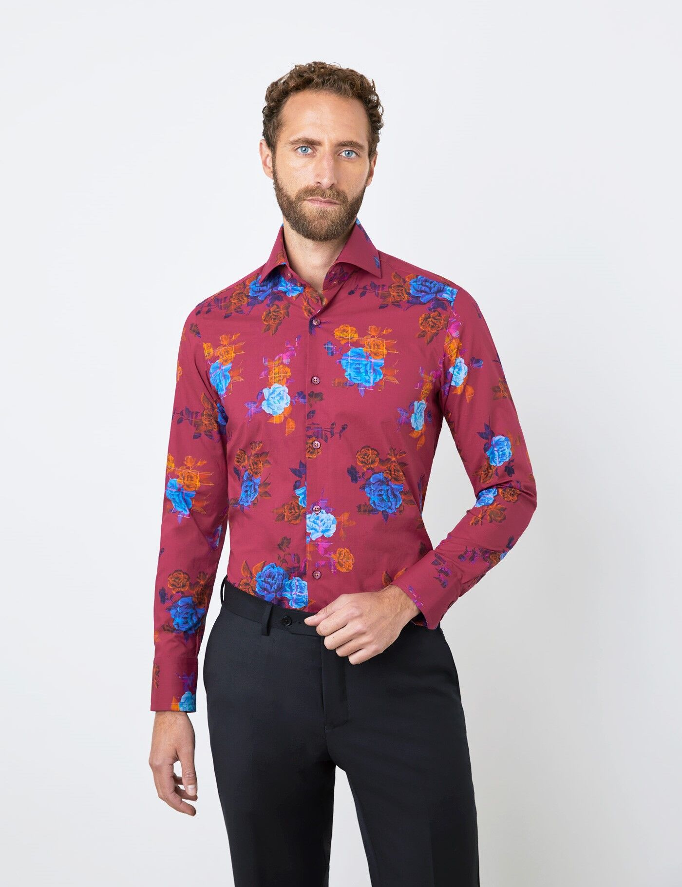 Hawes & Curtis Men's Roses Print Relaxed Slim Fit Shirt in Burgundy   3X-Large   High Collar   Single Cuff   Hawes & Curtis