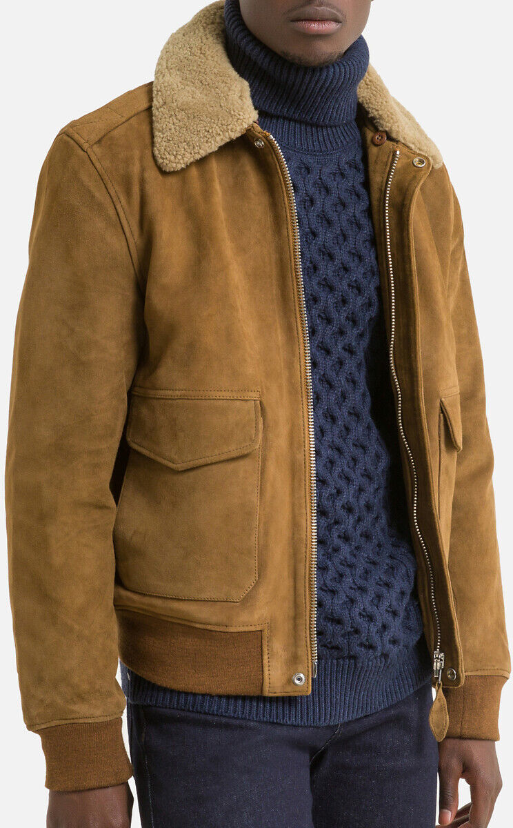 SCHOTT Blouson aus Veloursleder, Sherpa-Kragen BRAUN