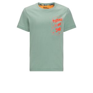 Jack Wolfskin Farbenfrohes atmungsaktives Kinder Bio-Baumwoll T-Shirt. Farbe: Farbeblock / Grün / Orange / Größe: 104