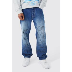 boohooman Mens Lockere Jeans mit Text Laser-Print - Blau - 28R, Blau