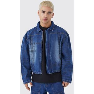 boohooman Mens Kastige Jeansjacke mit Text Laser-Print - Blau - L, Blau