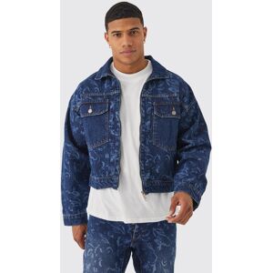 boohooman Mens Kastige Jeansjacke mit Reißverschluss und Laser-Print - Blau - XL, Blau