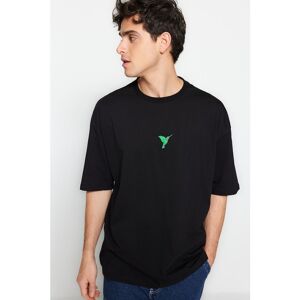 Trendyol Collection Schwarzes, Übergroßes/weit Geschnittenes, Kurzärmliges T-shirt Mit Vogel-tier-stickerei Aus 100 % Baumwolle für Herren - S