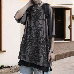 Plum Lai Männer T-Shirt Schwarz Graffiti Skelett Rose Print Punk Hip Hop Gefälschte Zwei-Stück