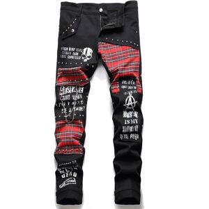 Sivia Mode Rot Plaid Patchwork Punk Niet Männer Dünne Jeans Hosen Schädel Buchstaben Drucken Hip Hop Kette Denim Hosen