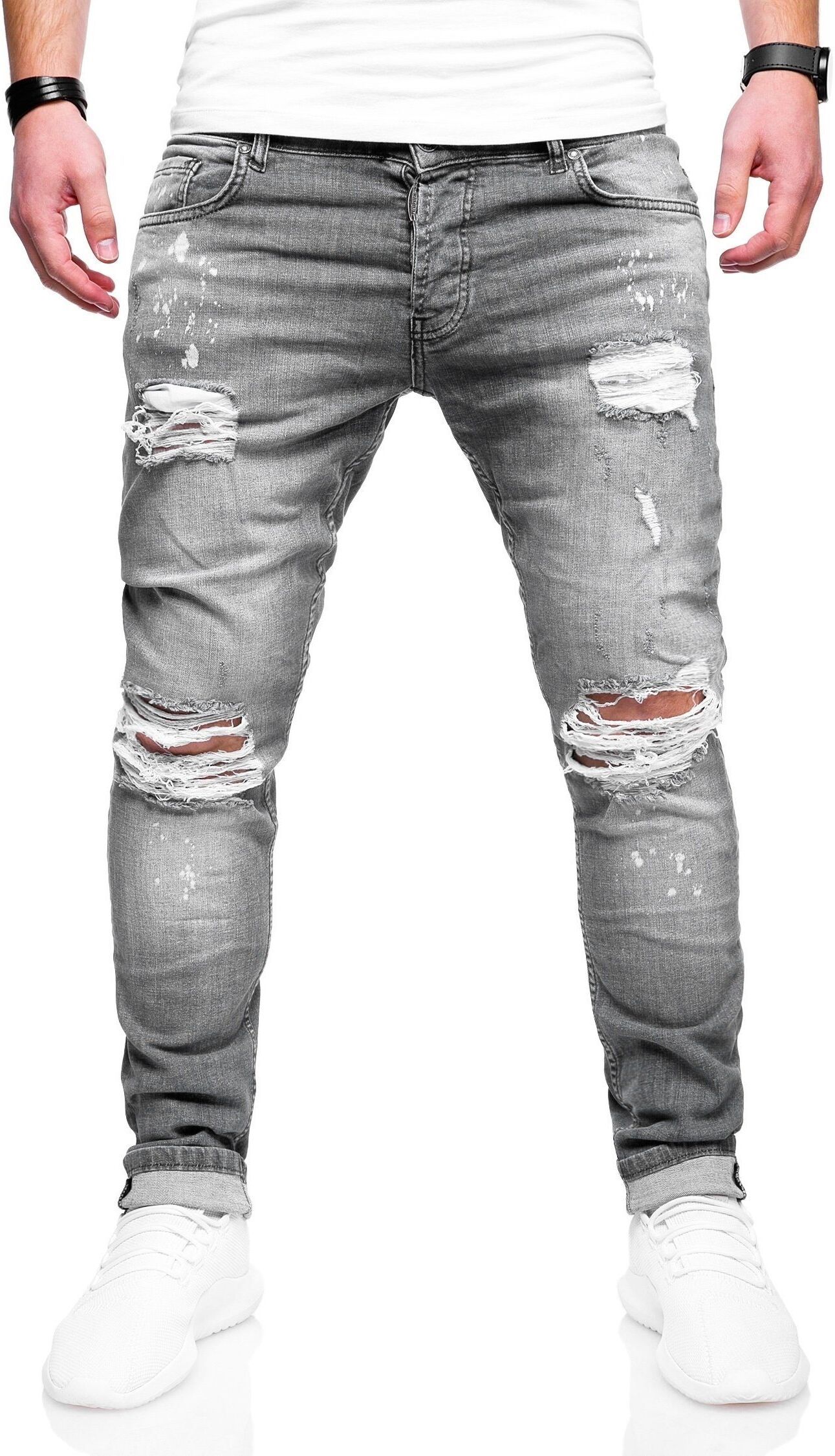 behype Slim-fit-Jeans »SLY« mit Destroyed-Elementen, grau