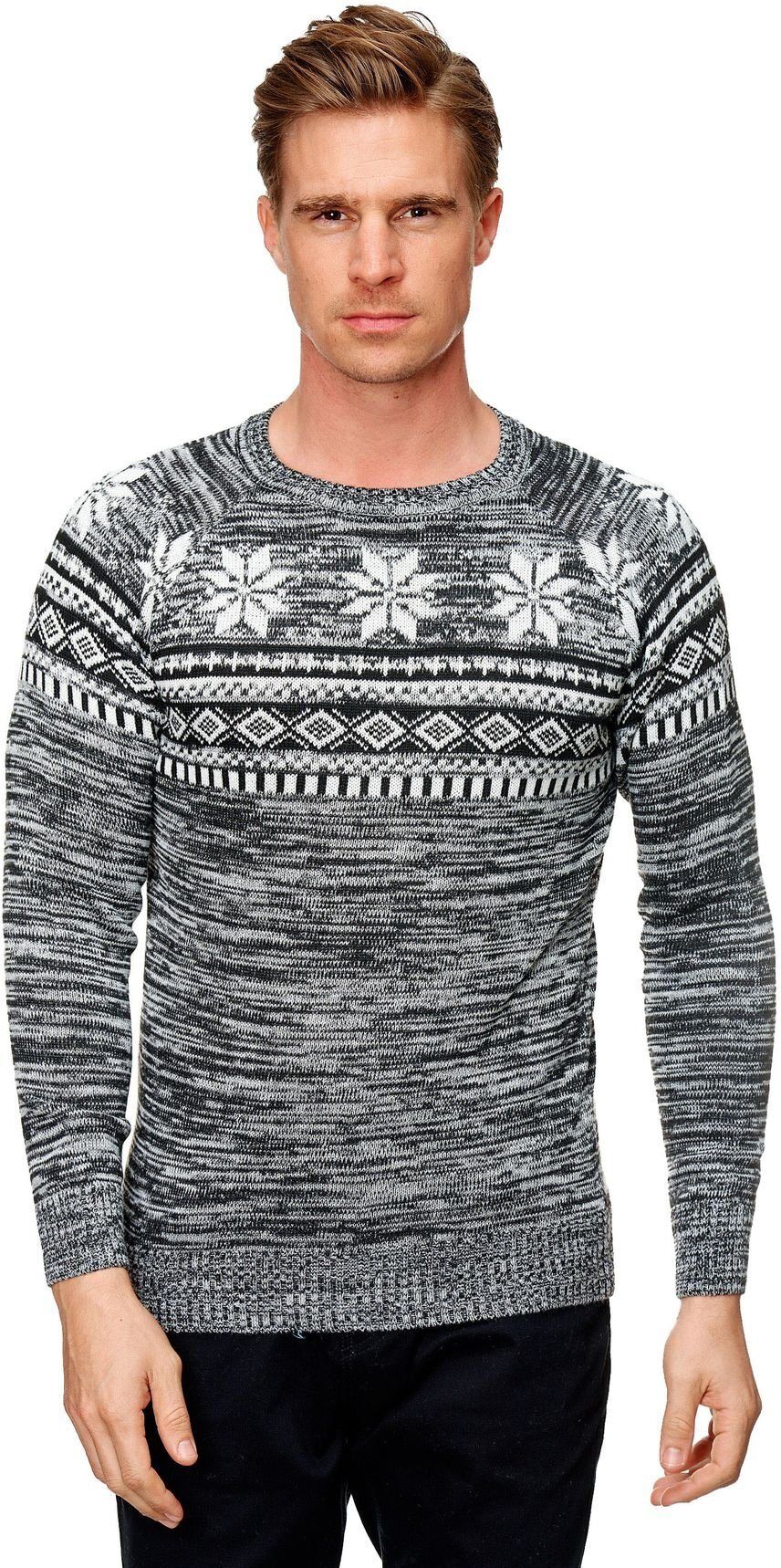 FORBEST Strickpullover »3436« Herren Pullover Strick Slim Fit Muster Streifen Snow Design Rundhals, Schwarz