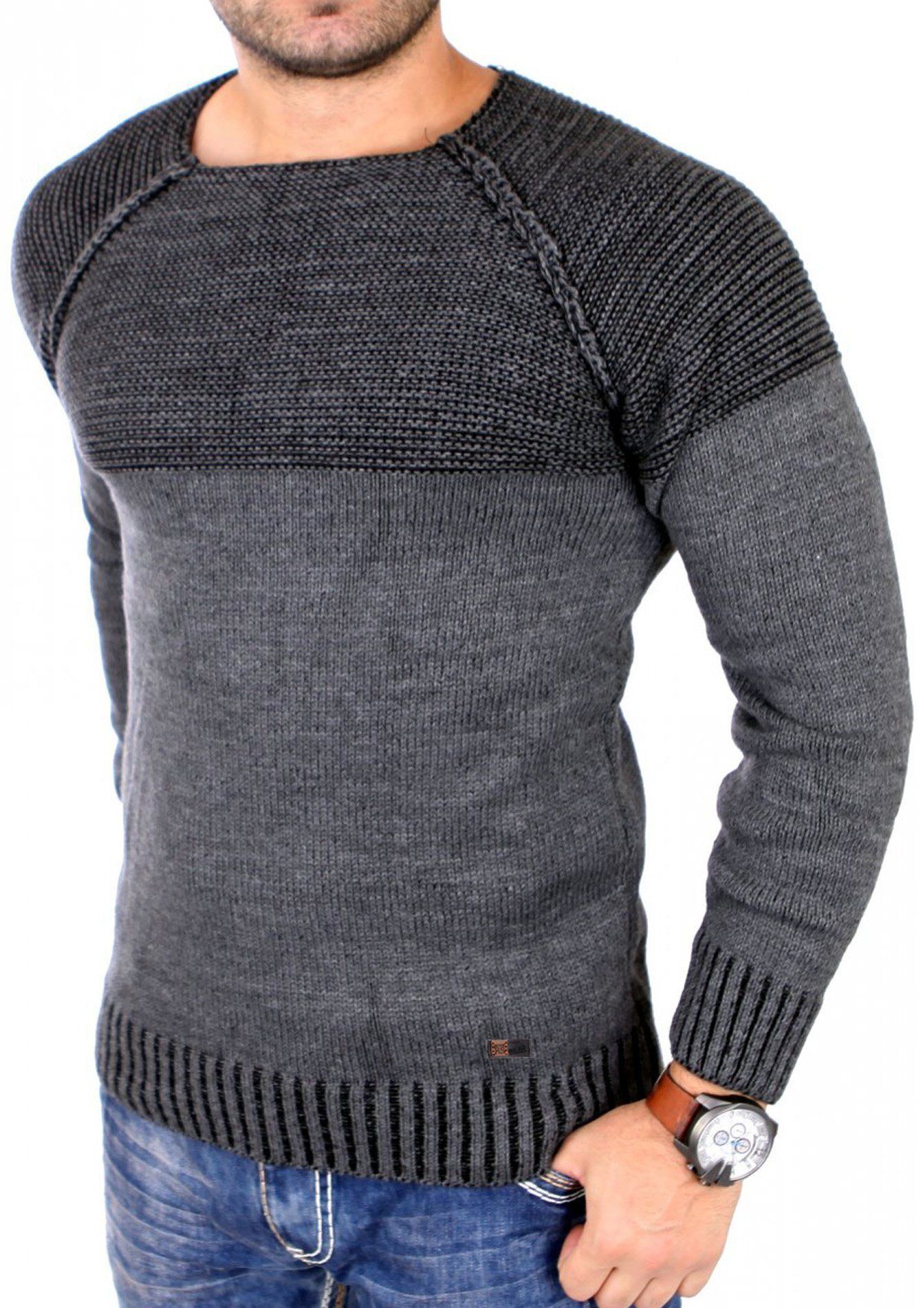 Reslad Strickpullover »Strickpullover Herren Two Tone Rundhals« Strick-Pulli Männer Colorblock, anthrazit