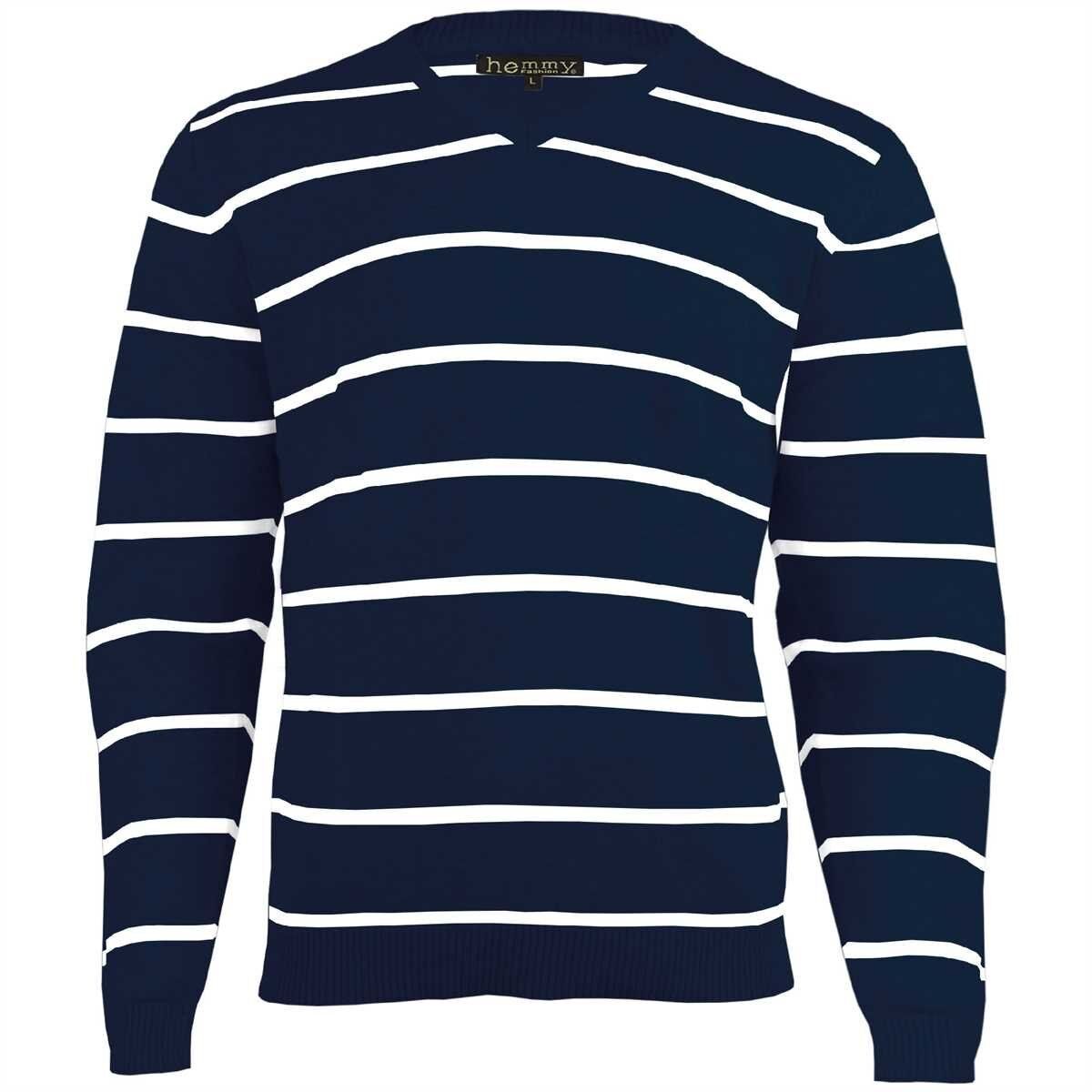 hemmy Fashion Streifenpullover Sweater Pulli Herrenpullover mit weißen Streifen, versch. Ausführungen und Größen, Blau
