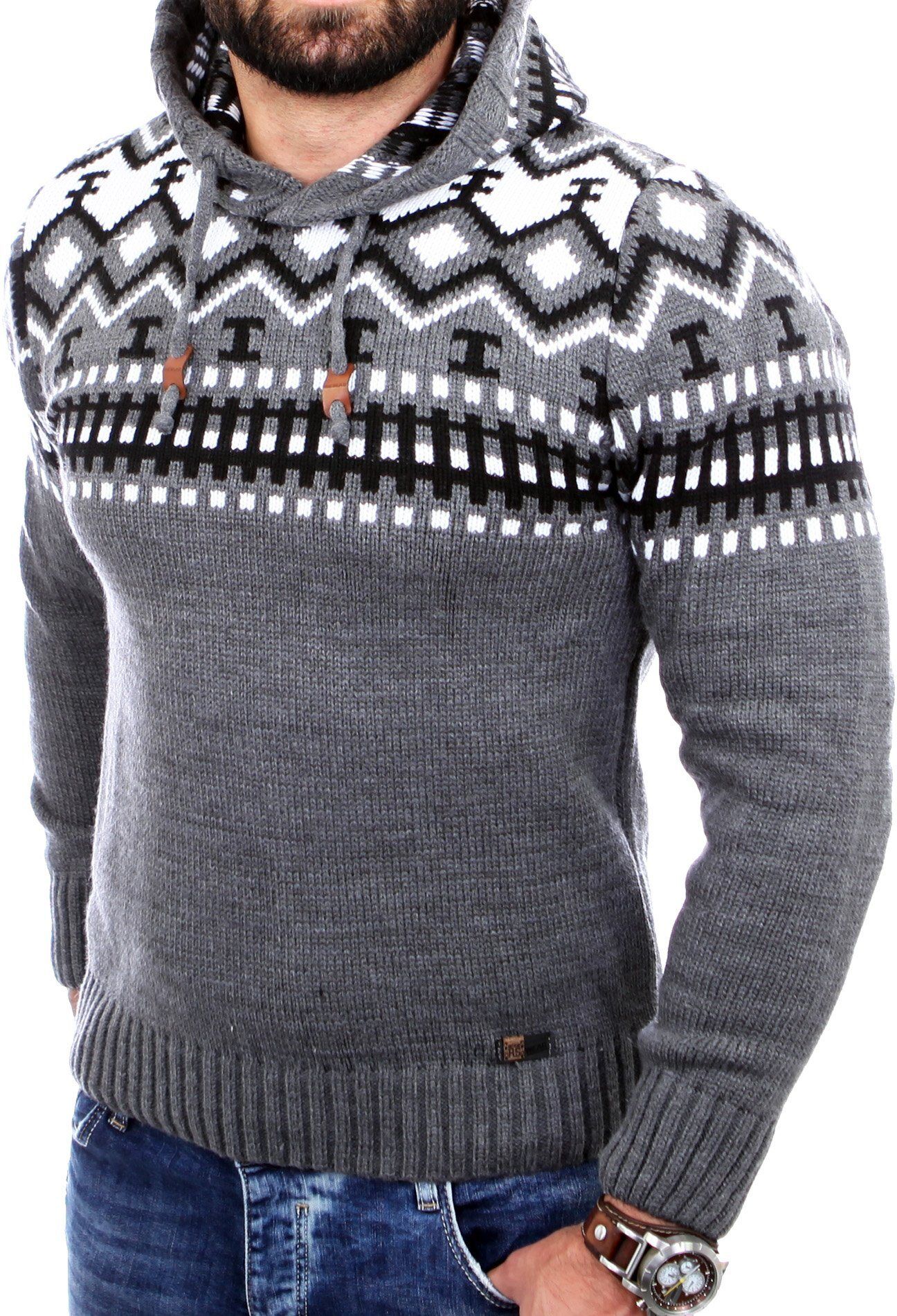 Reslad Strickpullover »Herren Grobstrick Pullover Norweger Winter« Strickpullover Männer Norwegermuster mit Kapuze, anthrazit