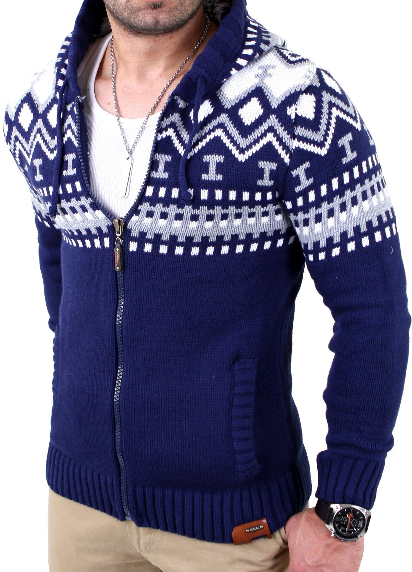 Reslad Strickpullover »Herren Grobstrick Norweger Winter Strickjac« Strickjacke Zipper Hoodie, blau