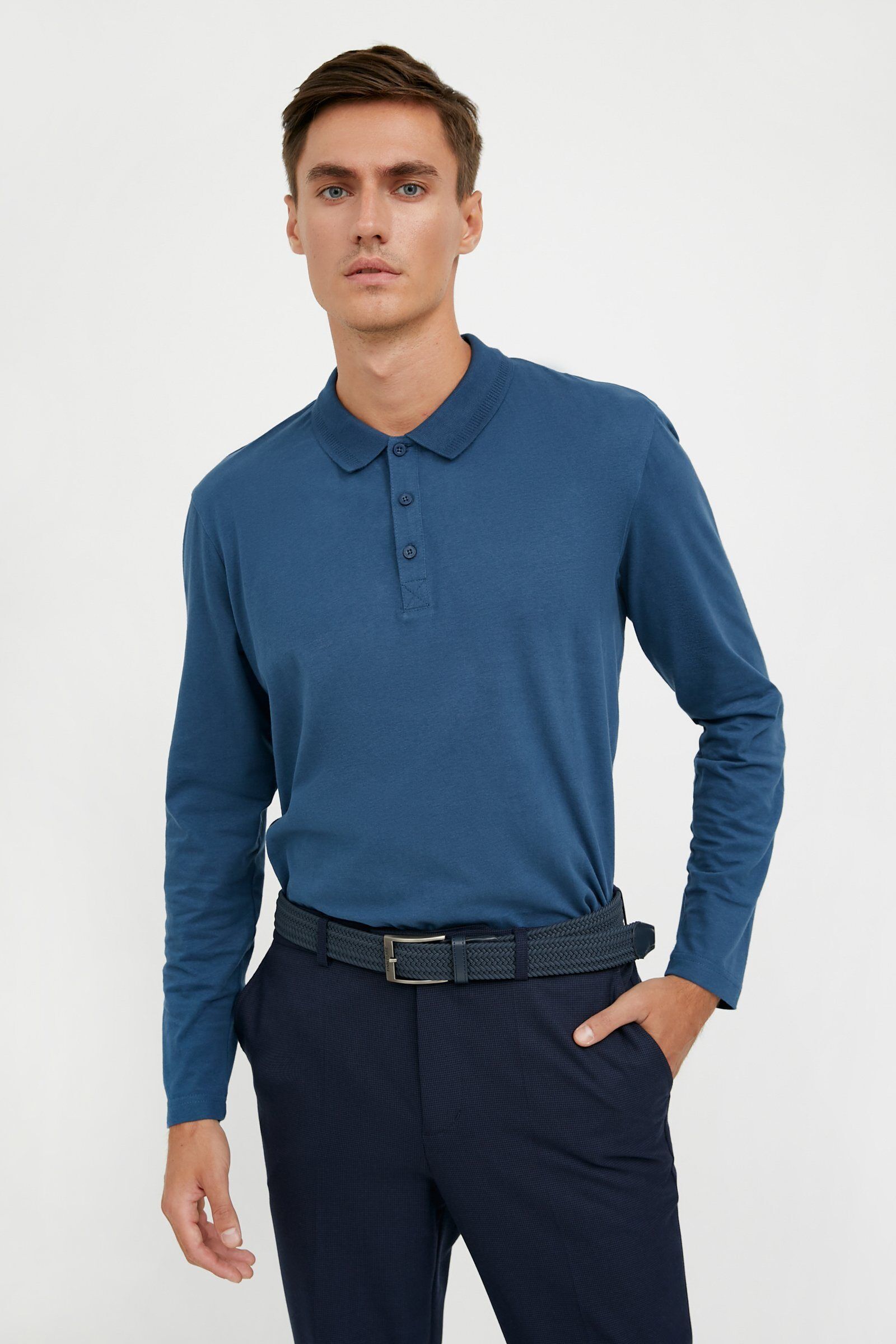 Finn Flare Langarmshirt mit trendigem Polokragen, blau